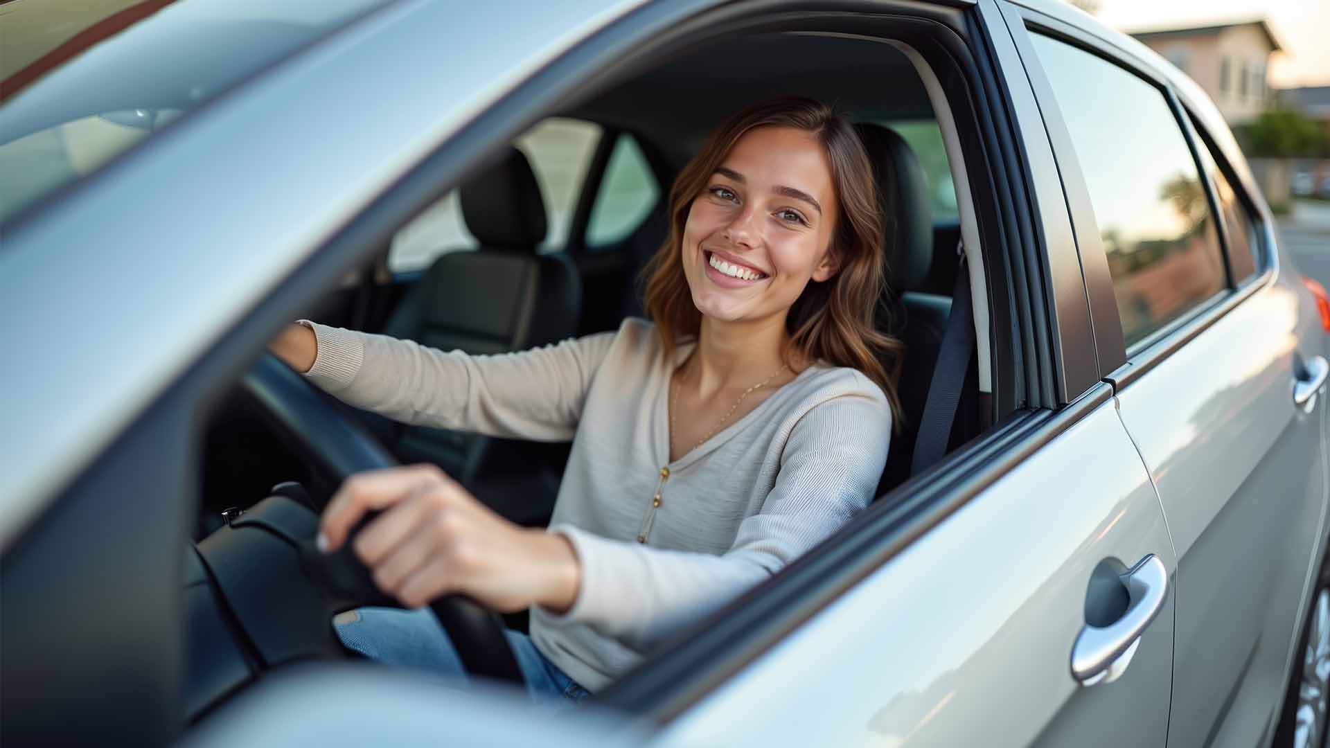 Woman Drivnig Turning Happy