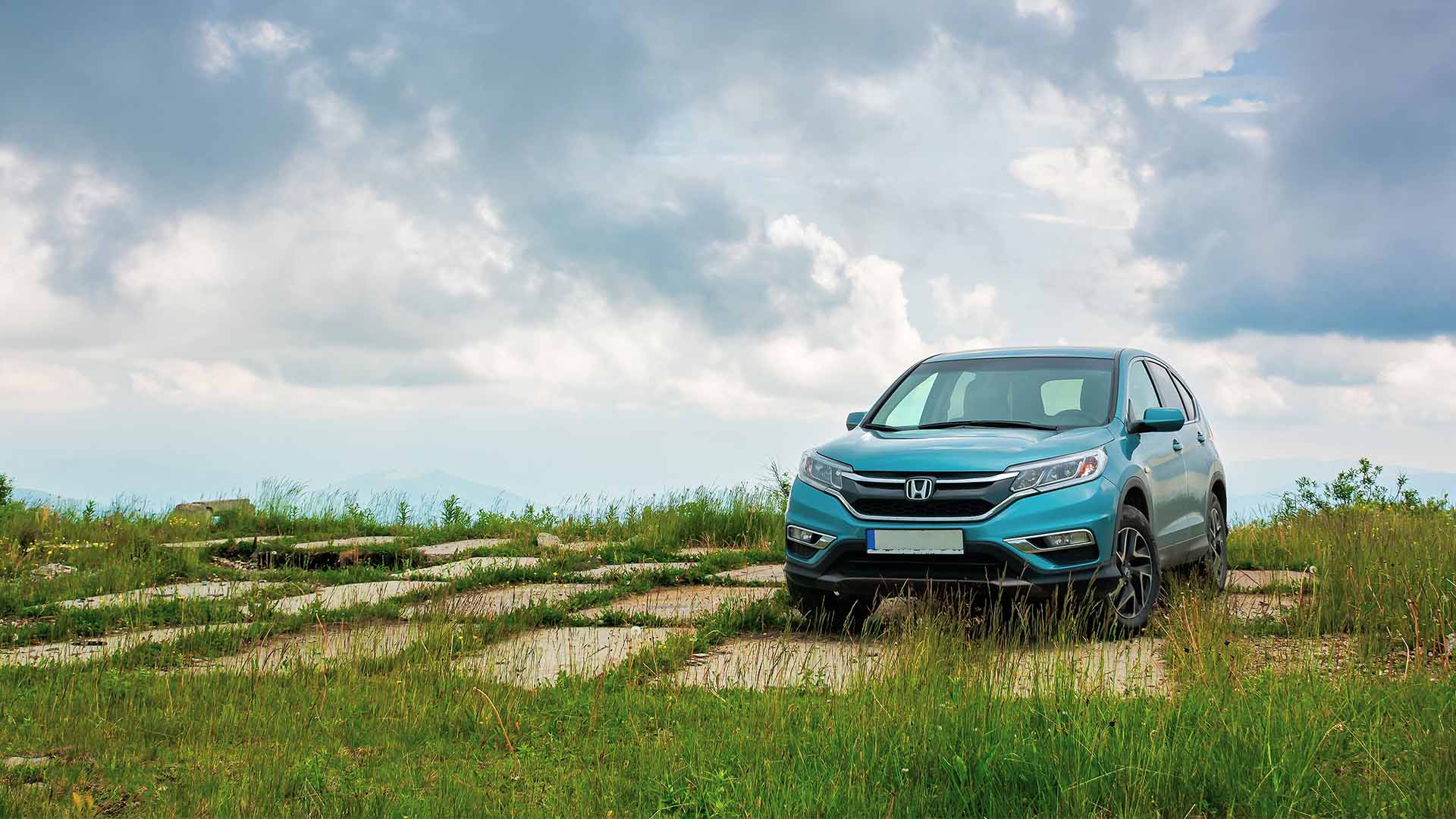 Blue Honda Driving Across Grass